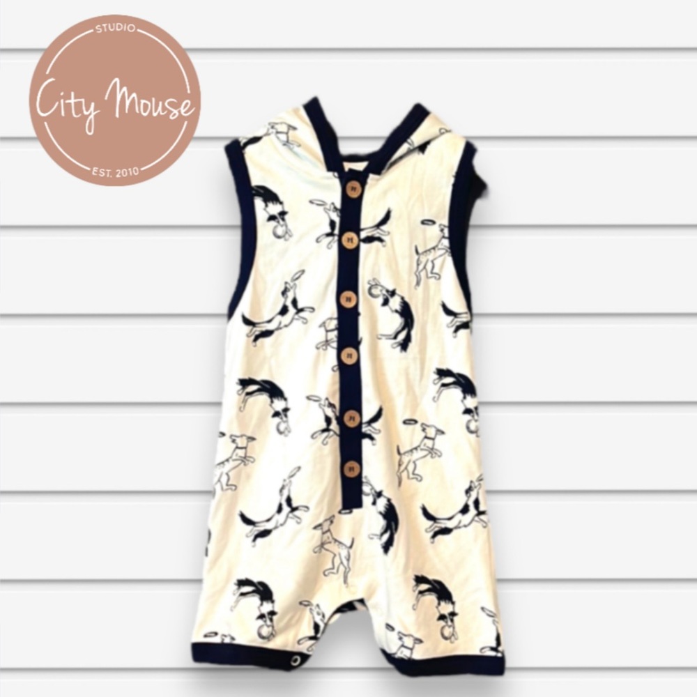 City Mouse Dog Print Romper with Hood